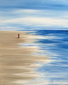 a painting of a person walking on the beach