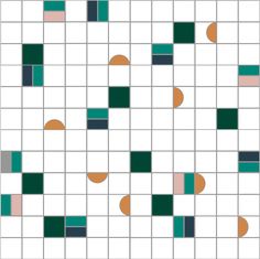 an image of a cross stitch pattern with squares and dots in green, orange and white