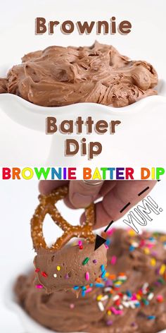 a spoon full of chocolate dip with sprinkles on it and the words brownie dip above it