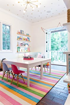 a white table sitting on top of a colorful rug