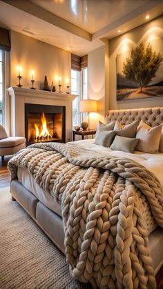 a large bed sitting in front of a fire place