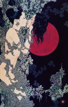 a painting of two women kissing in front of a red moon and black background with white flowers