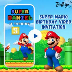 a video game with mario and luigi running on the nintendo wii platform, in front of a phone screen that says'super daniel is turning 5 '