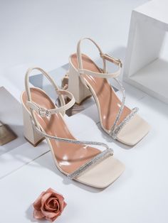 Apricot Glamorous    Plain Ankle Strap Embellished   Women Shoes Chic Sparkling Sandals For Prom, Elegant Sparkling Sandals For Prom, Crystal Embellished Heels For Spring Prom, Crystal-embellished Heels For Prom In Spring, Formal Sandals With Shimmer, Synthetic Material, Sandals 2023, Quinceanera Shoes, Party High Heels