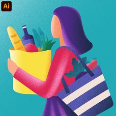 an illustration of a woman carrying a bag full of food and drinks on her back