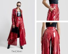 Add a bold edge to your wardrobe with our latex-look glossy wide pants in burgundy red, perfect for those who want to make a striking impression. These deep red pants feature a faux wet-look leather fabric that reflects the light, creating a mesmerizing high-shine effect that's sure to turn heads wherever you go. The wide-leg silhouette not only offers a striking shape but also provides comfort and freedom of movement. With big, practical pockets, these flare pants are as functional as they are fashionable, perfect for keeping your essentials close at hand. The intriguing side details add an extra layer of sophistication, giving these pants a unique, edgy twist. Stand out with this daring piece that's perfect for a night out or a stylish day look. Get ready to make a statement with these m Wide Leg Flare Pants, Baggy Trousers, Red Pants, Pantalon Large, Wet Look, Day Night, Wide Pants, Leather Fabric, Burgundy Red