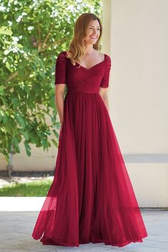 J215001 Netting with Stretch Lining MOB Dress with Portrait V-Neckline