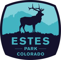 the logo for estes park colorado with a deer standing in front of mountains and trees