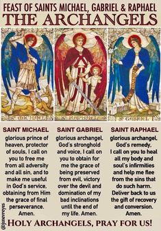 an old poster with the names of saints michael, rachel and raphaels on it