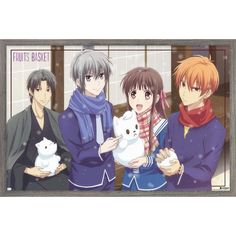 four anime characters holding white cats in their hands and posing for the camera with snow falling on them