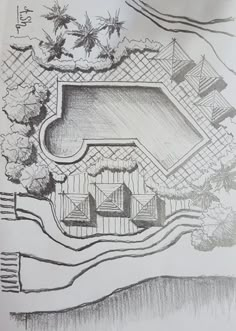 a drawing of a house with a pool in the middle and trees on the other side