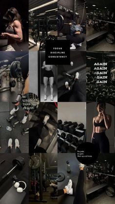 a collage of photos showing the different parts of a woman's body and her workout equipment