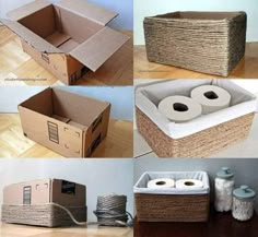 several pictures of different boxes with toilet paper in them and two rolls of toilet paper on the floor