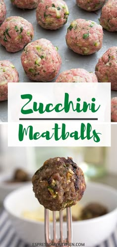 zucchini meatballs on a fork with the words zucchini meatballs above them