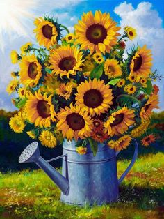 Vintage Idyllic Sunflowers - Paint by numbers Vintage Watering Can, Nature Paint, Yellow Petals, Sunflowers And Daisies, Friday Quotes, Sunflower Pictures, Sun Flowers, Sunflower Garden, Fun Arts And Crafts