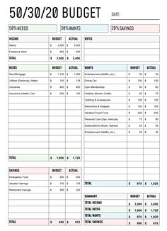 a printable budget sheet with the text 50 / 30 / 20 budget