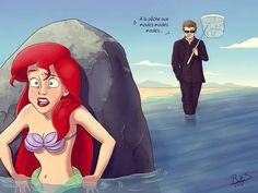 the little mermaid is standing in the water next to a man with an umbrella on his head