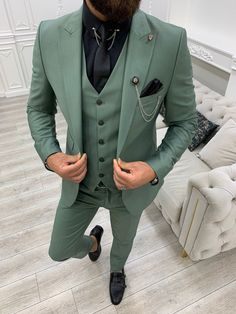 Montreal Water Green Slim Fit Suit | VICLAN Peak Lapel Suit, Suits Groom, Flower Pocket, Wedding Suits Groomsmen, Prom Suits For Men, Suit Material, Green Suit