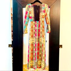 This Timeless Multi-Colored Dress Is So Versatile; Vintage, Boho Chic, Dressy, Casual Or Wear With Denim Jacket. The Size Is Xs-S Bc It Has Elastic Waist. It Has The Perfect Flow For A Long Dress And Is Super Comfortable. It’s Very “Johnny Was” Style But Got In A Boutique In S. Beach. Bohemian Midi Dress With Vibrant Print For Party, Fitted Multicolor Maxi Dress For Spring, Multicolor Maxi Dress For Spring Festival, Pink Long Sleeve Maxi Dress For Casual Wear, Colorful Bohemian Long Sleeve Maxi Dress, Colorful Pattern Long Sleeve Party Dress, Spring Festival Multicolor Maxi Dress, Colorful Patterned Long Sleeve Party Dress, Colorful Long Sleeve Party Dress