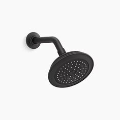 a black shower head with the arm extended to it's left side, against a white background