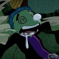 an animated character with blue hair and green eyes holding a purple object in his hand