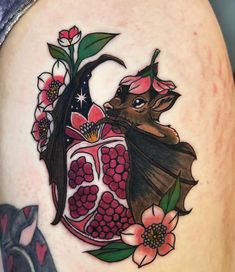 Pomegranate Tattoo, Bats Tattoo Design, Fruit Tattoo, Traditional Tattoo Inspiration, Tattoo Apprenticeship, Bat Tattoo, Floral Tattoo Sleeve, Spooky Tattoos, Gorgeous Tattoos