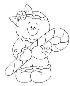 a coloring page with a teddy bear holding a candy cane and wearing a bow on her head