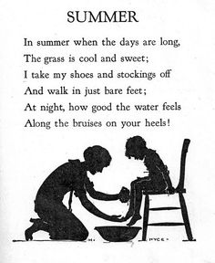 two people sitting at a table in front of a sign that says,'i summer when the days are long the grass is cool and sweet it takes my shoes and stockings off