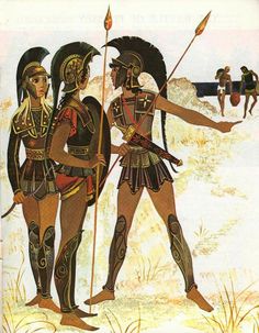 an illustration of two men dressed in native american garb, one holding a spear and the other pointing