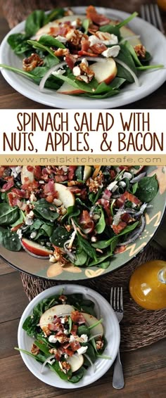 spinach salad with nuts, apples and bacon on a plate next to an orange juice