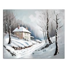 a painting of a house in the middle of a snowy field with trees and snow covered ground