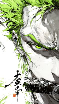 an anime character with green hair and piercings on his face, looking at the camera