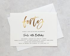 a white and gold foil birthday party card with the word ffoo on it