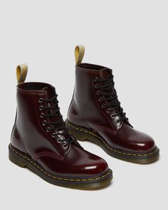 Vegan 1460 Lace Up Boots | Dr. Martens Cherry Red Dr Martens, Red Dr Martens, Dm Boots, Vegan Heels, Ankle Boots Uk, Red Ankle Boots, Yellow Heels, Dr Martens Boots, Boots Uk