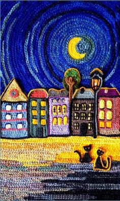 a painting of some houses and a cat on the water with a full moon in the background