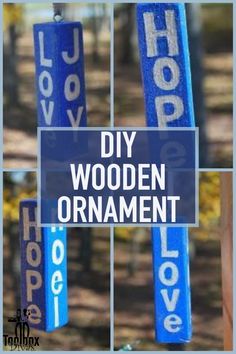 several different signs with the words diy wooden ornament hanging from it's posts