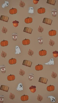 a wallpaper with pumpkins, books and ghost faces on it's brown background