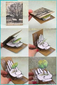 handmade greeting card with bird and tree on the front, then folded in brown paper