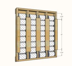 a wooden shelf with several rolls of toilet paper on it and measurements for each roll