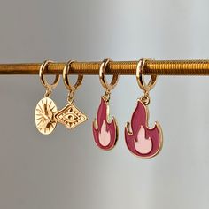 * 18k Gold Plated Creole Earrings with Fire & Flame Glass Enamel Charms  - 2 cm flame charm, 32 mm earring in total Trendy Gold Enamel Earrings, Dangle Enamel Hoop Earrings As Gift, Enamel Dangle Hoop Earrings As Gift, Fire Ring Jewelry, Gold Enamel Hoop Earrings Gift, Gold Enamel Drop Earrings, Gift Enamel Dangle Hoop Earrings, Heart On Fire Jewelry, Enamel Dangle Single Earring