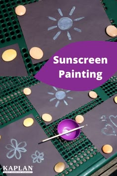 the words sun screen painting are painted on top of some paper with circles and dots