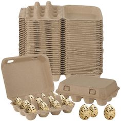 an egg carton filled with eggs next to several trays