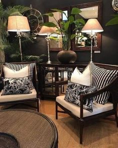 a living room filled with lots of furniture next to a mirror and plant on the wall