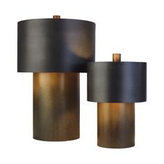 two black and gold lamps are shown against a white background, one is turned on to the side