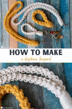 how to make a crochet lanyard on a wooden background with text overlay