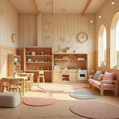 a living room filled with furniture and lots of wooden flooring covered in pink rugs