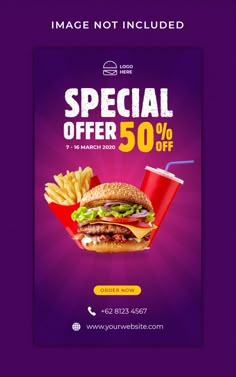 an advertisement for a burger and fries restaurant, with the text special offer 50 % off