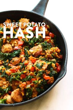 a skillet filled with meat and vegetables on top of a white table next to the words sweet potato hash