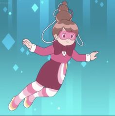 a cartoon girl in a pink and white dress flying through the air