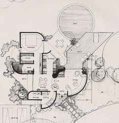 an architectural drawing of a house in the middle of a garden with trees and bushes